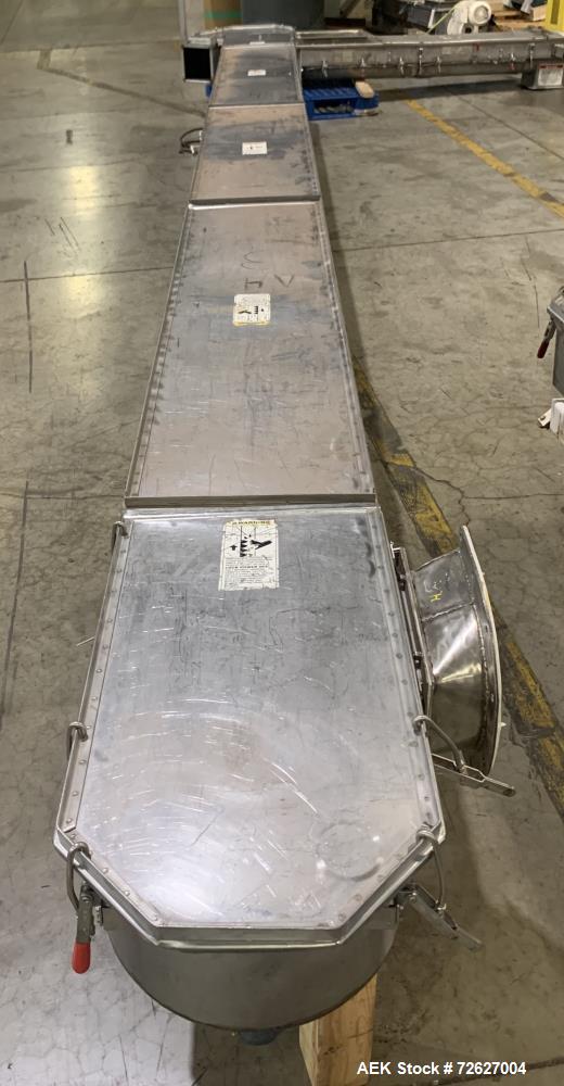 Used Universal Industries SC Series Bucket Elevator, Model SC-SS6 LH. Stainless steel construction. 6" x 4" HDPE buckets. Driven by a 1hp, 3/60/230/460 Volt, 1745 rpm gear motor. Approx 19 1/2' disch...