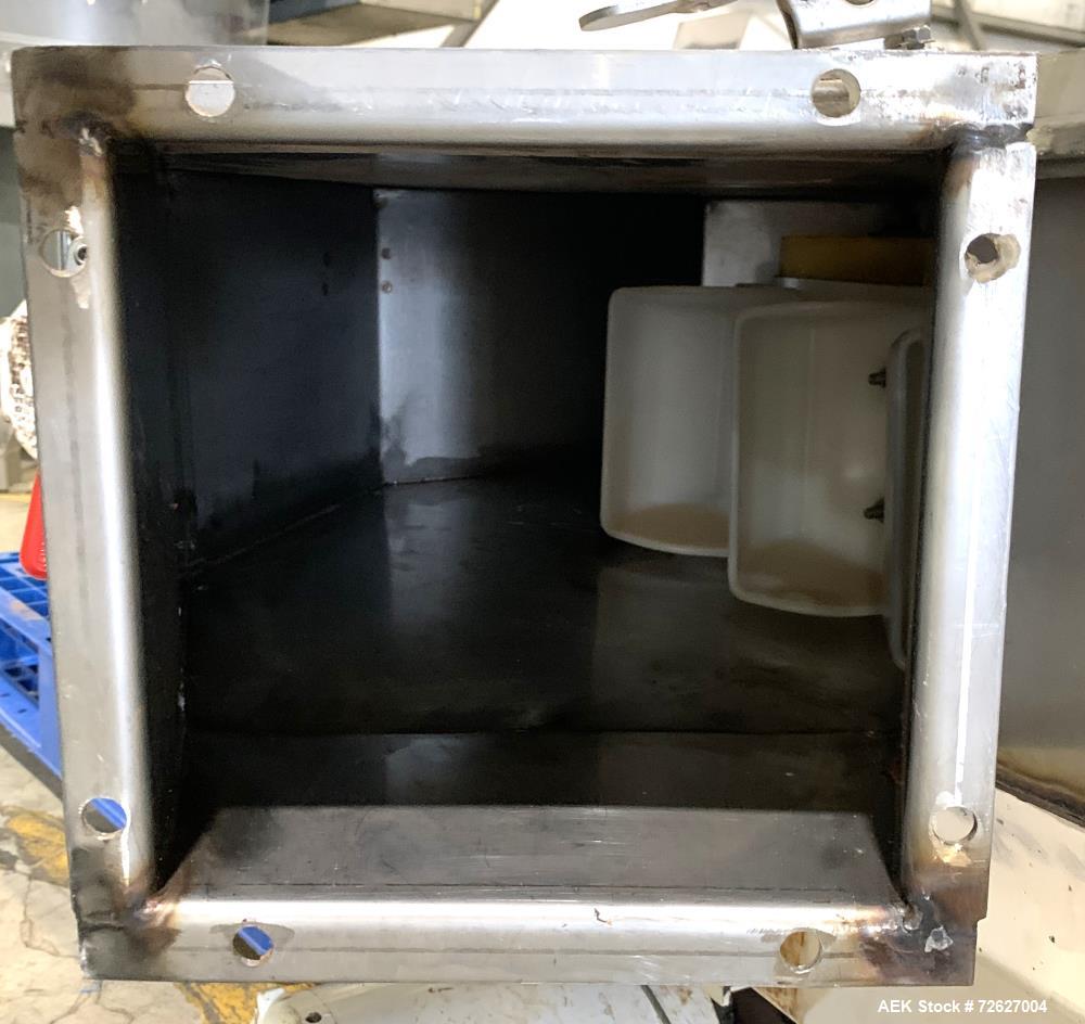 Used Universal Industries SC Series Bucket Elevator, Model SC-SS6 LH. Stainless steel construction. 6" x 4" HDPE buckets. Driven by a 1hp, 3/60/230/460 Volt, 1745 rpm gear motor. Approx 19 1/2' disch...