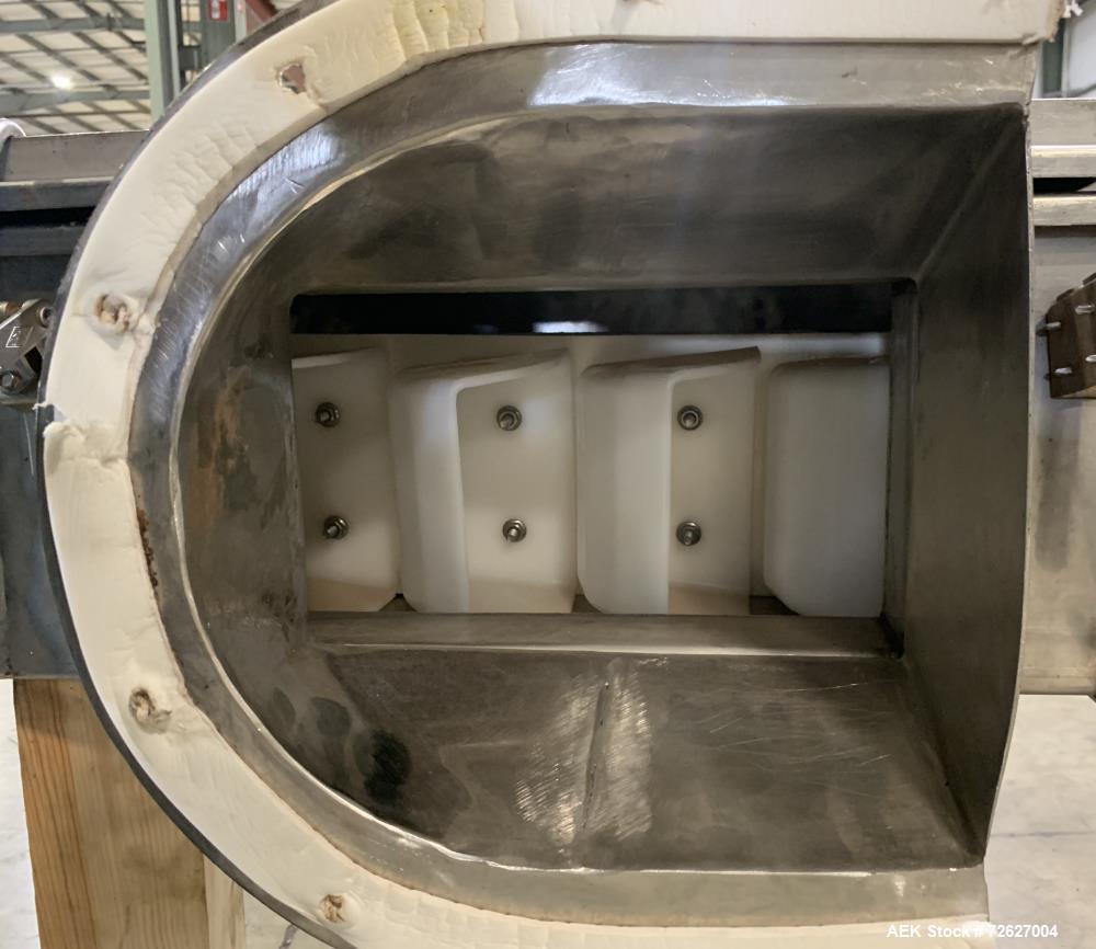 Used Universal Industries SC Series Bucket Elevator, Model SC-SS6 LH. Stainless steel construction. 6" x 4" HDPE buckets. Driven by a 1hp, 3/60/230/460 Volt, 1745 rpm gear motor. Approx 19 1/2' disch...