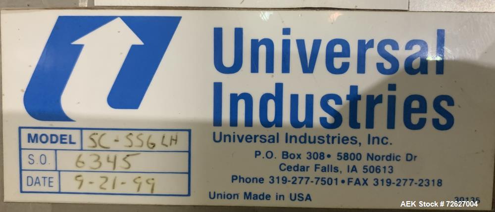 Used Universal Industries SC Series Bucket Elevator, Model SC-SS6 LH. Stainless steel construction. 6" x 4" HDPE buckets. Driven by a 1hp, 3/60/230/460 Volt, 1745 rpm gear motor. Approx 19 1/2' disch...