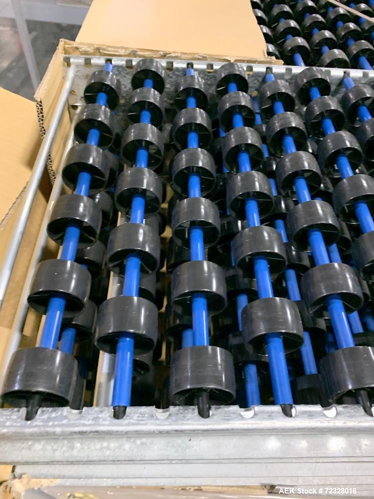 Unused Skid of Wheeled Roller Conveyor. Approximate 32 pieces. Approximate 17-1/2" wide x 85" long x 2-1/2" tall with 1" wide plastic wheels.