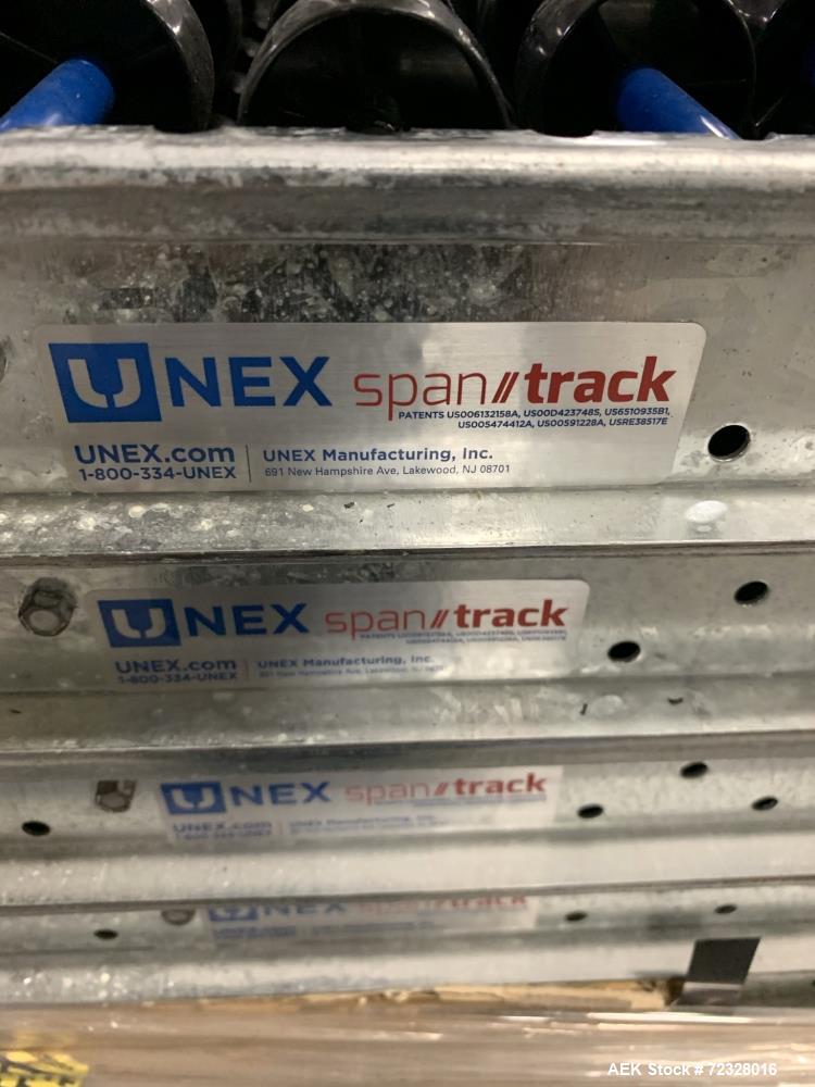 Unused Skid of Wheeled Roller Conveyor. Approximate 32 pieces. Approximate 17-1/2" wide x 85" long x 2-1/2" tall with 1" wide plastic wheels.