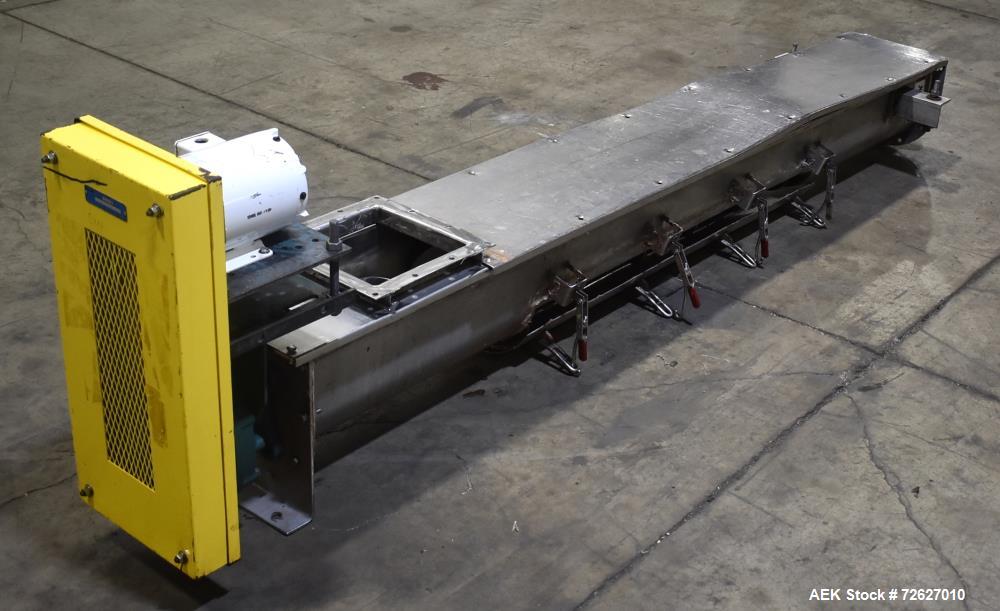 Used Screw Conveyor, 304 Stainless Steel. Approximate trough 110" long x 10-1/2" wide x 10-1/2" deep. Top infeed 10" x 10", 6" bottom discharge. Screw approximately 8-1/2" diameter x 110" long. Drive...