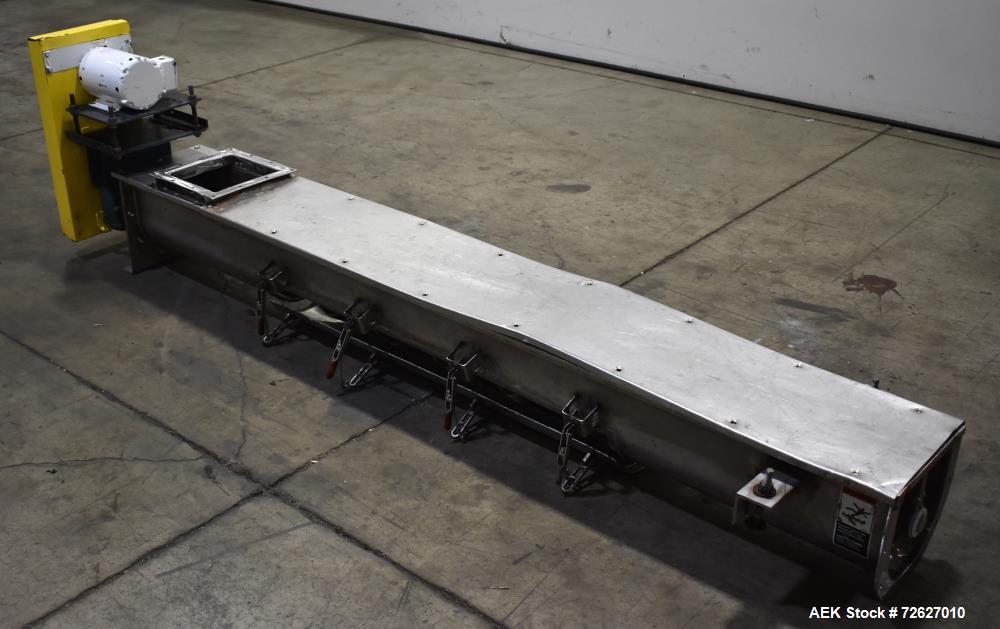Used Screw Conveyor, 304 Stainless Steel. Approximate trough 110" long x 10-1/2" wide x 10-1/2" deep. Top infeed 10" x 10", 6" bottom discharge. Screw approximately 8-1/2" diameter x 110" long. Drive...