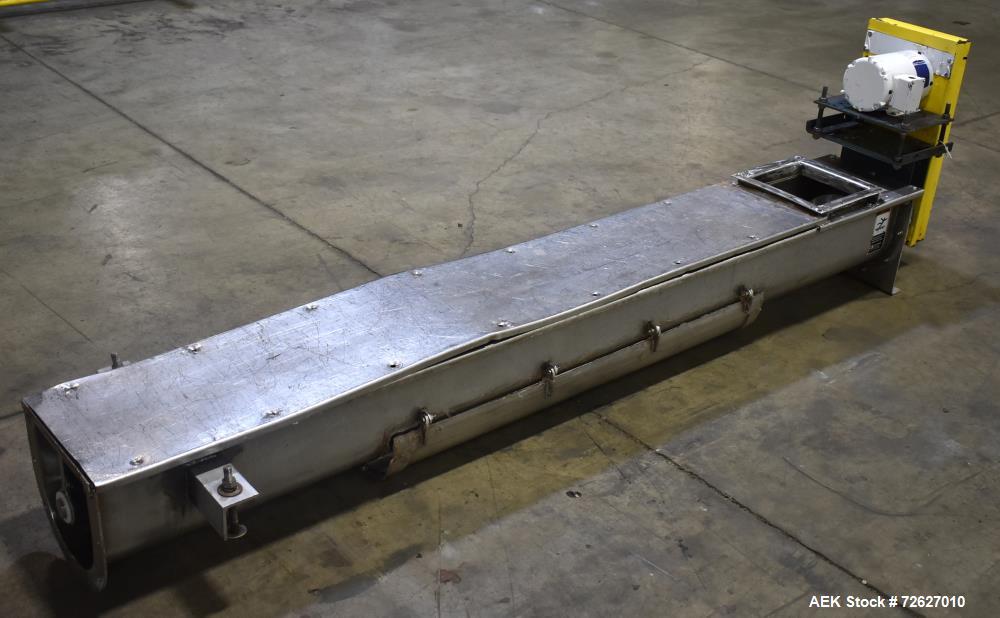 Used Screw Conveyor, 304 Stainless Steel. Approximate trough 110" long x 10-1/2" wide x 10-1/2" deep. Top infeed 10" x 10", 6" bottom discharge. Screw approximately 8-1/2" diameter x 110" long. Drive...