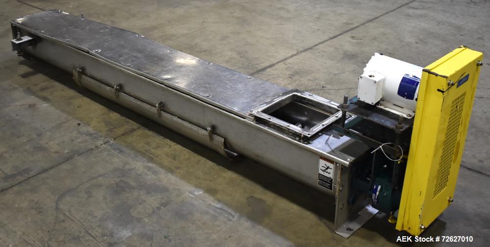 Used Screw Conveyor, 304 Stainless Steel. Approximate trough 110" long x 10-1/2" wide x 10-1/2" deep. Top infeed 10" x 10", 6" bottom discharge. Screw approximately 8-1/2" diameter x 110" long. Drive...