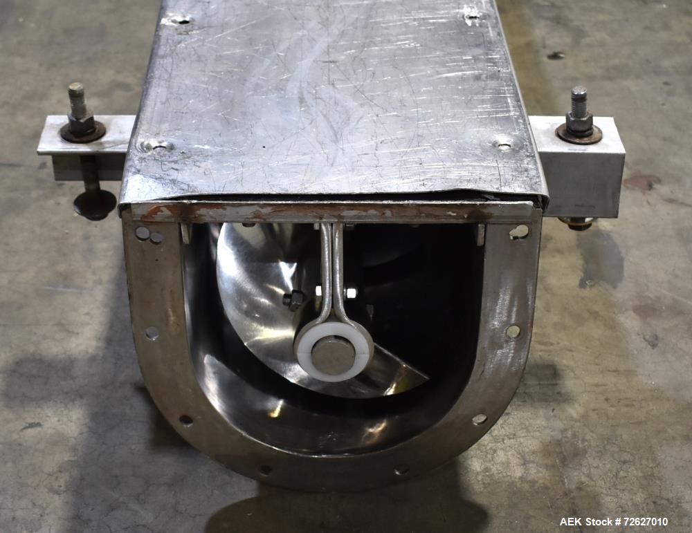 Used Screw Conveyor, 304 Stainless Steel. Approximate trough 110" long x 10-1/2" wide x 10-1/2" deep. Top infeed 10" x 10", 6" bottom discharge. Screw approximately 8-1/2" diameter x 110" long. Drive...