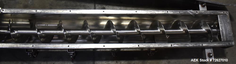 Used Screw Conveyor, 304 Stainless Steel. Approximate trough 110" long x 10-1/2" wide x 10-1/2" deep. Top infeed 10" x 10", 6" bottom discharge. Screw approximately 8-1/2" diameter x 110" long. Drive...