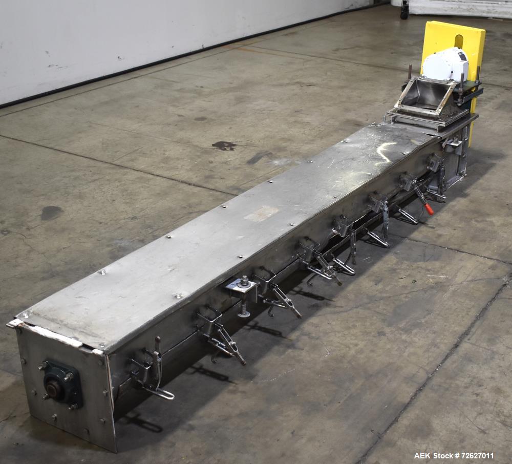 Used Screw Conveyor, 304 Stainless Steel. Approximate trough 110" long x 10-1/2" wide x 10-1/2" deep. Top infeed 10" x 10", 6" bottom discharge. Screw approximately 8-1/2" diameter x 110" long. Drive...