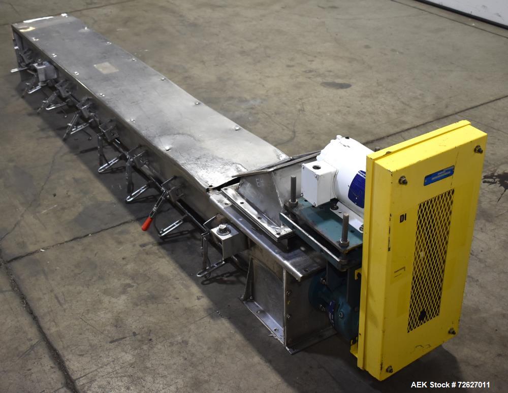 Used Screw Conveyor, 304 Stainless Steel. Approximate trough 110" long x 10-1/2" wide x 10-1/2" deep. Top infeed 10" x 10", 6" bottom discharge. Screw approximately 8-1/2" diameter x 110" long. Drive...