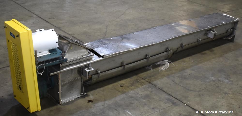 Used Screw Conveyor, 304 Stainless Steel. Approximate trough 110" long x 10-1/2" wide x 10-1/2" deep. Top infeed 10" x 10", 6" bottom discharge. Screw approximately 8-1/2" diameter x 110" long. Drive...