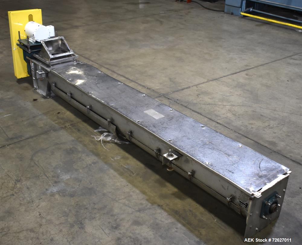 Used Screw Conveyor, 304 Stainless Steel. Approximate trough 110" long x 10-1/2" wide x 10-1/2" deep. Top infeed 10" x 10", 6" bottom discharge. Screw approximately 8-1/2" diameter x 110" long. Drive...