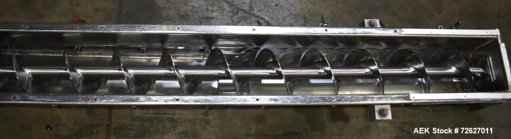 Used Screw Conveyor, 304 Stainless Steel. Approximate trough 110" long x 10-1/2" wide x 10-1/2" deep. Top infeed 10" x 10", 6" bottom discharge. Screw approximately 8-1/2" diameter x 110" long. Drive...