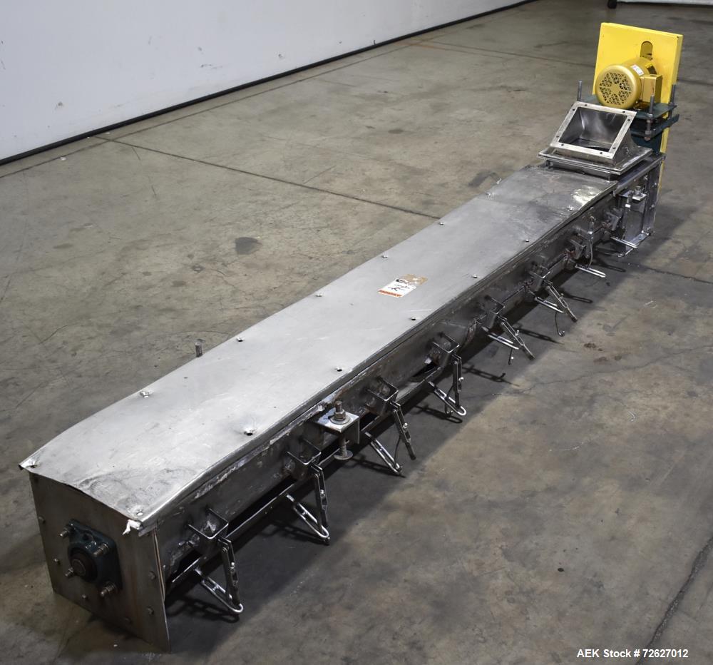 Used Screw Conveyor, 304 Stainless Steel. Approximate trough 110" long x 10-1/2" wide x 10-1/2" deep. Top infeed 10" x 10", 6" bottom discharge. Screw approximately 8-1/2" diameter x 110" long. Drive...