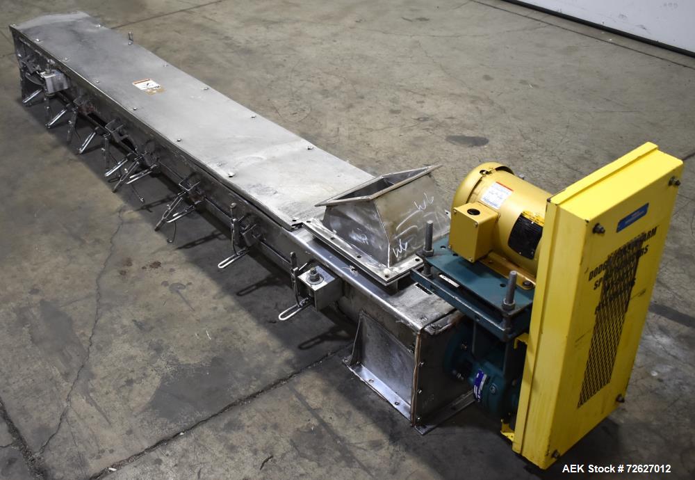 Used Screw Conveyor, 304 Stainless Steel. Approximate trough 110" long x 10-1/2" wide x 10-1/2" deep. Top infeed 10" x 10", 6" bottom discharge. Screw approximately 8-1/2" diameter x 110" long. Drive...