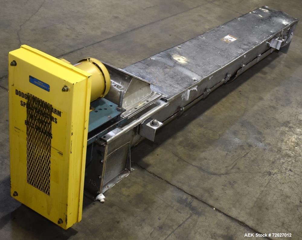 Used Screw Conveyor, 304 Stainless Steel. Approximate trough 110" long x 10-1/2" wide x 10-1/2" deep. Top infeed 10" x 10", 6" bottom discharge. Screw approximately 8-1/2" diameter x 110" long. Drive...