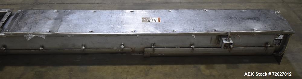 Used Screw Conveyor, 304 Stainless Steel. Approximate trough 110" long x 10-1/2" wide x 10-1/2" deep. Top infeed 10" x 10", 6" bottom discharge. Screw approximately 8-1/2" diameter x 110" long. Drive...