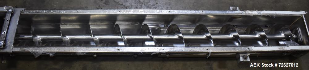 Used Screw Conveyor, 304 Stainless Steel. Approximate trough 110" long x 10-1/2" wide x 10-1/2" deep. Top infeed 10" x 10", 6" bottom discharge. Screw approximately 8-1/2" diameter x 110" long. Drive...