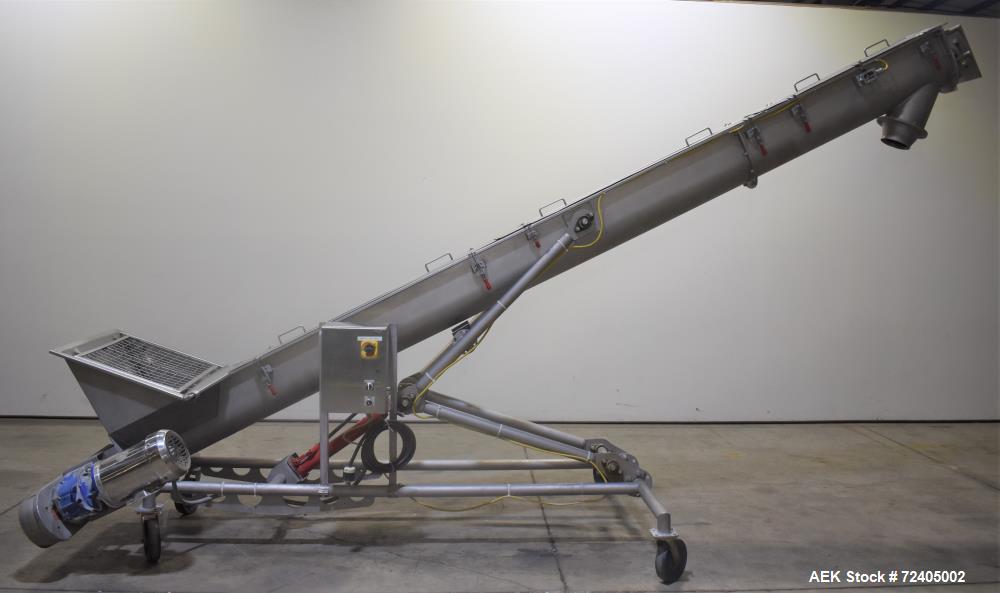 Used Bulk Material Incline Screw Conveyor. Approximate 9" diameter x 6" flight spacing x 156" tall. Adjustable discharge height. Stainless steel construction. Driven by a 3hp, 3/60/208-230/460 volt, ...