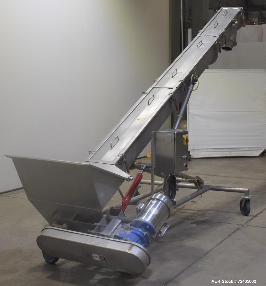Used Bulk Material Incline Screw Conveyor. Approximate 9" diameter x 6" flight spacing x 156" tall. Adjustable discharge height. Stainless steel construction. Driven by a 3hp, 3/60/208-230/460 volt, ...