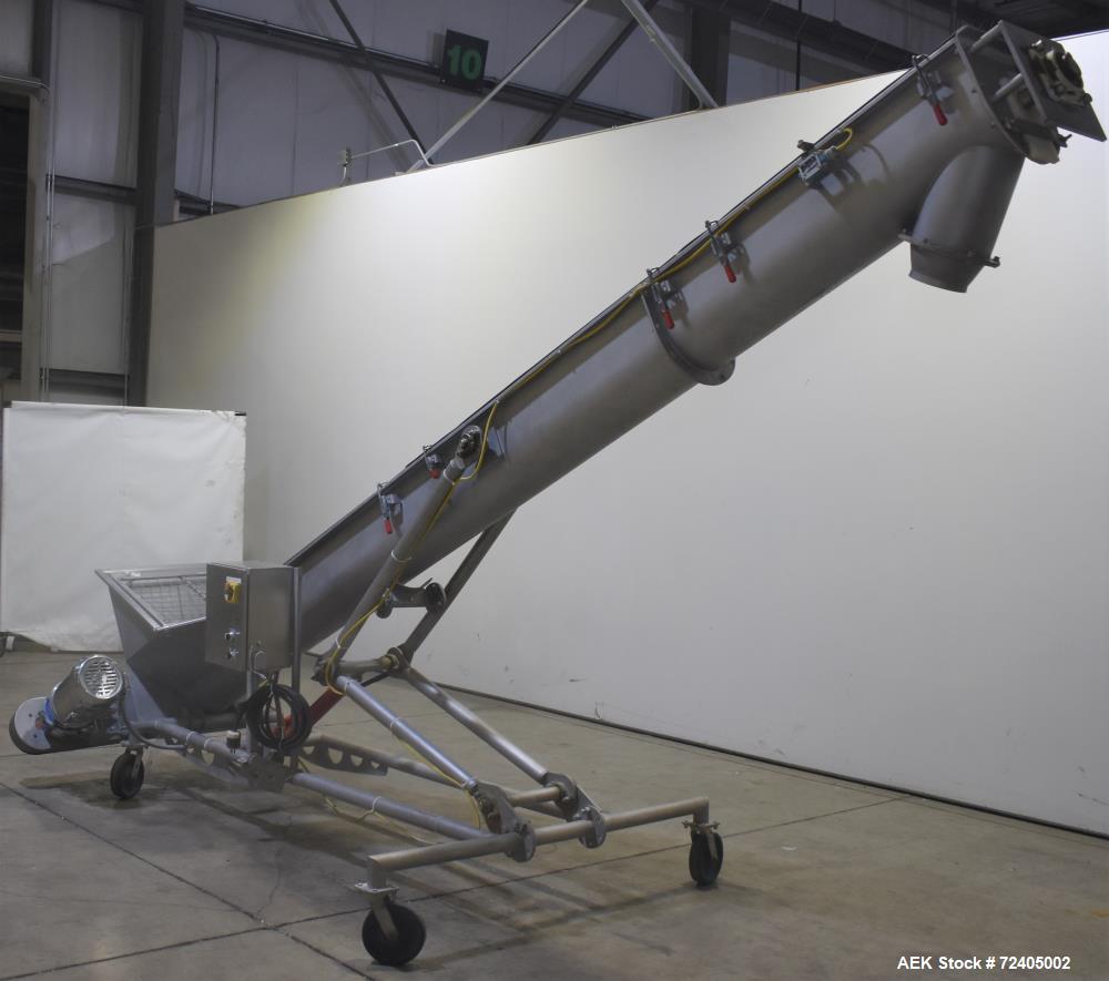 Used Bulk Material Incline Screw Conveyor. Approximate 9" diameter x 6" flight spacing x 156" tall. Adjustable discharge height. Stainless steel construction. Driven by a 3hp, 3/60/208-230/460 volt, ...