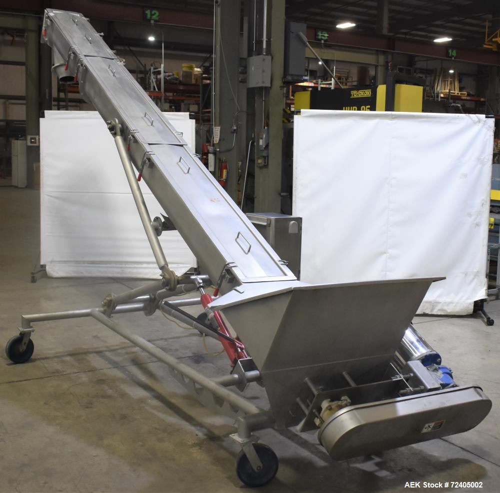 Used Bulk Material Incline Screw Conveyor. Approximate 9" diameter x 6" flight spacing x 156" tall. Adjustable discharge height. Stainless steel construction. Driven by a 3hp, 3/60/208-230/460 volt, ...