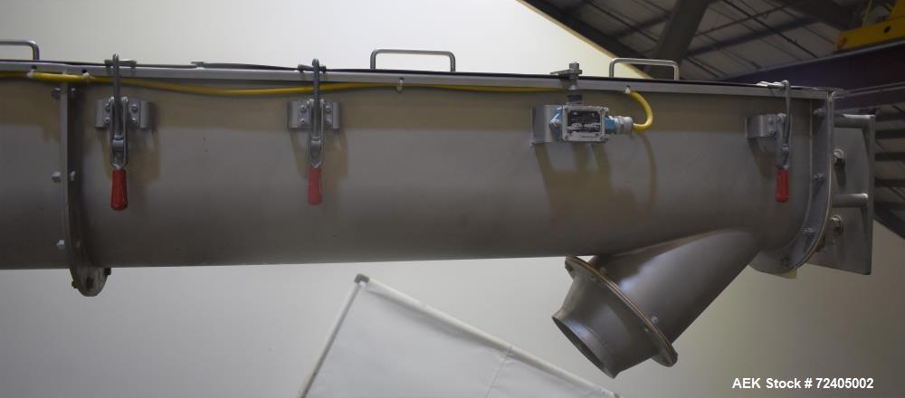 Used- Bulk Material Incline Screw Conveyor. Approximate 9" diameter x 6" flight spacing x 156" tall. Adjustable discharge he...
