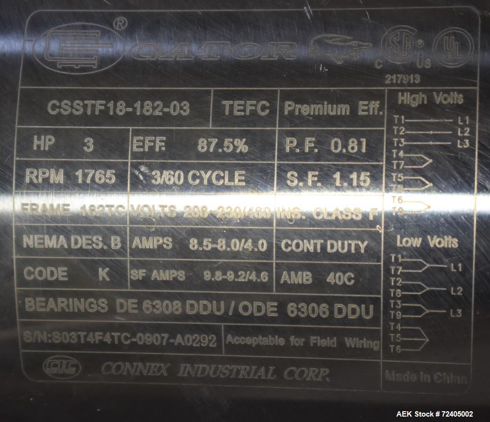 Used Bulk Material Incline Screw Conveyor. Approximate 9" diameter x 6" flight spacing x 156" tall. Adjustable discharge height. Stainless steel construction. Driven by a 3hp, 3/60/208-230/460 volt, ...