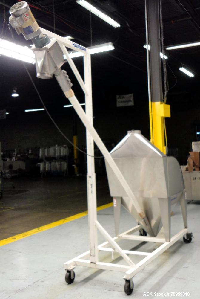 Used Hapman Model 300SS Helix Fleixible Screw Conveyor. Has 3" diameter X 120" long screw, 96" discharge height, and has a capacity of 30 to 70ft per hour. Equipped with Stainless Steel Hopper 36"L X...
