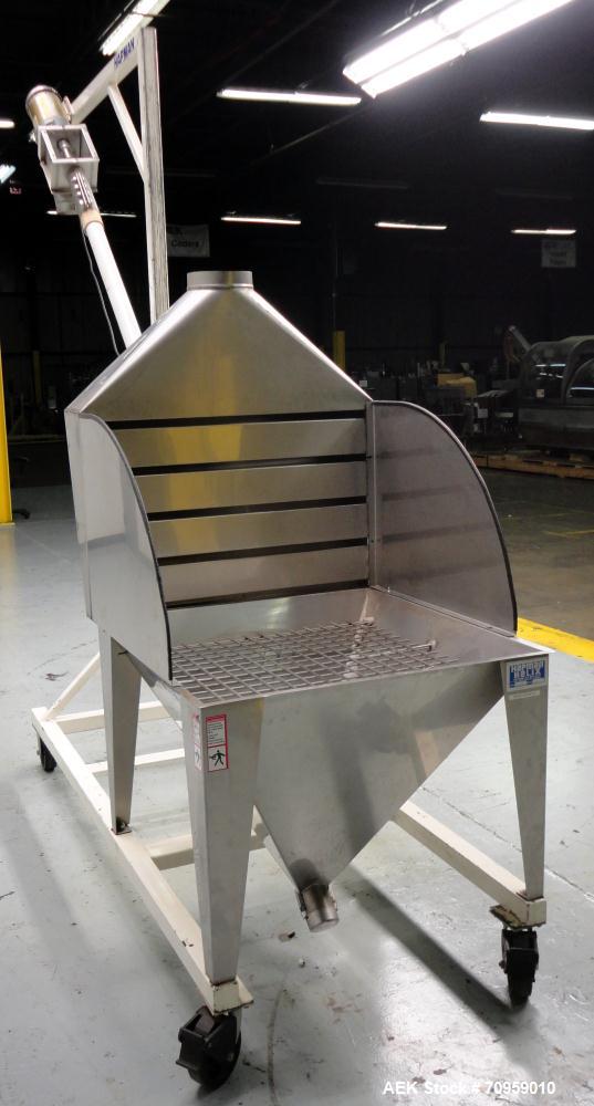 Used Hapman Model 300SS Helix Fleixible Screw Conveyor. Has 3" diameter X 120" long screw, 96" discharge height, and has a capacity of 30 to 70ft per hour. Equipped with Stainless Steel Hopper 36"L X...