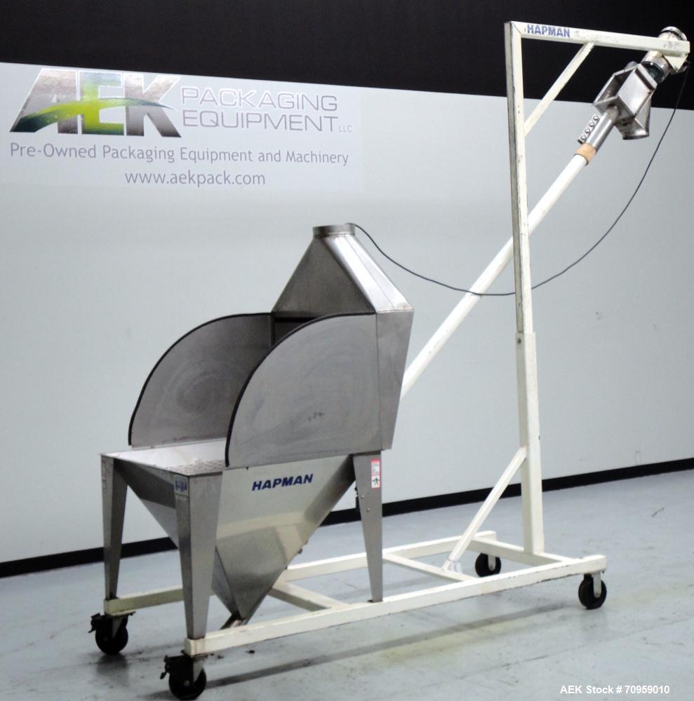 Used Hapman Model 300SS Helix Fleixible Screw Conveyor. Has 3" diameter X 120" long screw, 96" discharge height, and has a capacity of 30 to 70ft per hour. Equipped with Stainless Steel Hopper 36"L X...