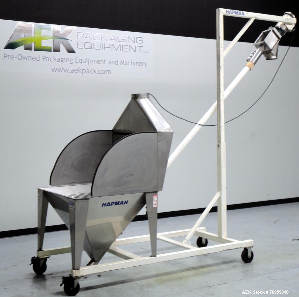 Used Hapman Model 300SS Helix Fleixible Screw Conveyor. Has 3" diameter X 120" long screw, 96" discharge height, and has a capacity of 30 to 70ft per hour. Equipped with Stainless Steel Hopper 36"L X...
