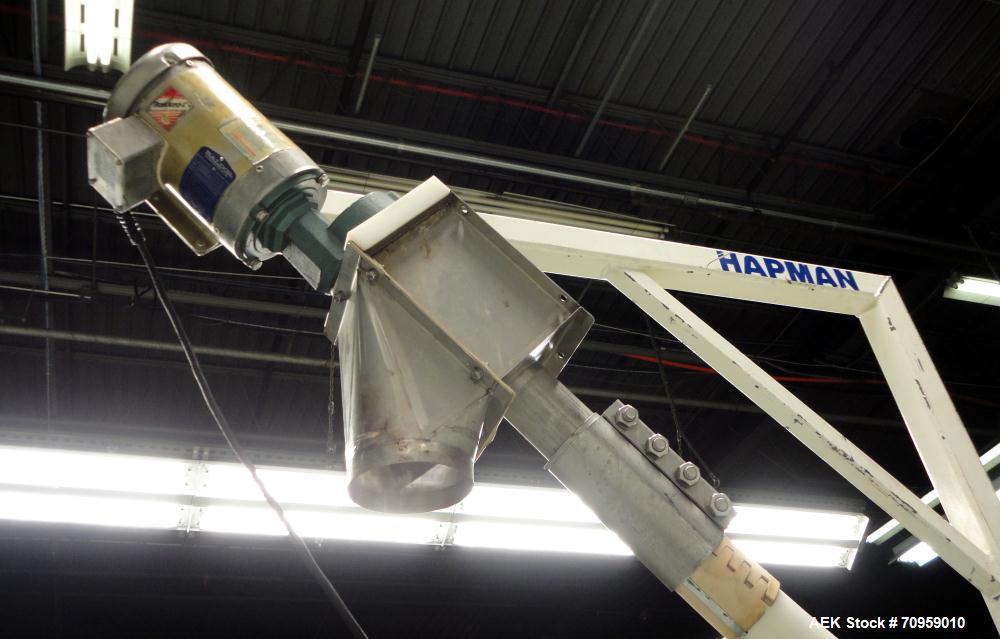 Used Hapman Model 300SS Helix Fleixible Screw Conveyor. Has 3" diameter X 120" long screw, 96" discharge height, and has a capacity of 30 to 70ft per hour. Equipped with Stainless Steel Hopper 36"L X...