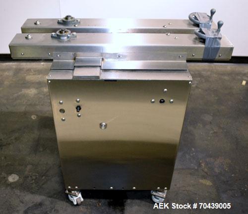 Used Digital Design M400 Transport System, Model M400TRSS, Stainless Steel. (2) 1’’ Wide x 32’’ long horizontally mounted belts. Product size range: Height 1’’ to 12’’, Width 1’’ to 7’’, Length 1’’ t...