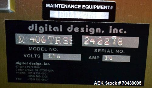 Used Digital Design M400 Transport System, Model M400TRSS, Stainless Steel. (2) 1’’ Wide x 32’’ long horizontally mounted belts. Product size range: Height 1’’ to 12’’, Width 1’’ to 7’’, Length 1’’ t...