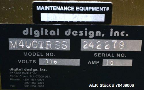 Used Digital Design M400 Transport System, Model M400TRSS, Stainless Steel. (2) 1’’ Wide x 32’’ long horizontally mounted belts. Product size range: Height 1’’ to 12’’, Width 1’’ to 7’’, Length 1’’ t...