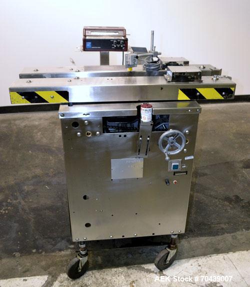 Used Digital Design M400 Transport System, Model M400TRSS, Stainless Steel. (2) 1’’ Wide x 32’’ long horizontally mounted belts. Product size range: Height 1’’ to 12’’, Width 1’’ to 7’’, Length 1’’ t...