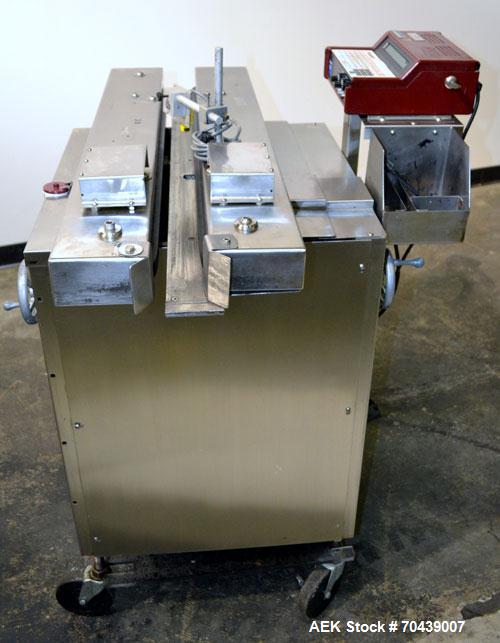 Used Digital Design M400 Transport System, Model M400TRSS, Stainless Steel. (2) 1’’ Wide x 32’’ long horizontally mounted belts. Product size range: Height 1’’ to 12’’, Width 1’’ to 7’’, Length 1’’ t...