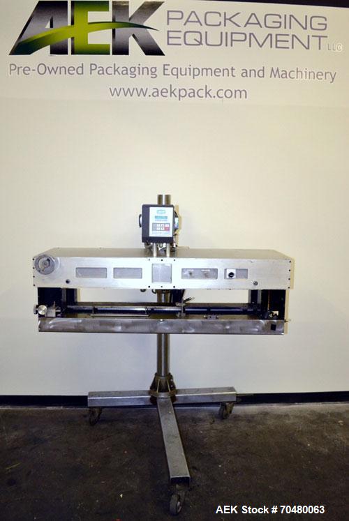 Used Side Belt Portable Transfer Conveyor. (2) Approximate 1” wide x 45” long side belts, manually adjustable to a maximum opening to 5-1/4”. Driven by a 1hp, 3/60/208-230/460 volt, 1750 rpm gear mot...