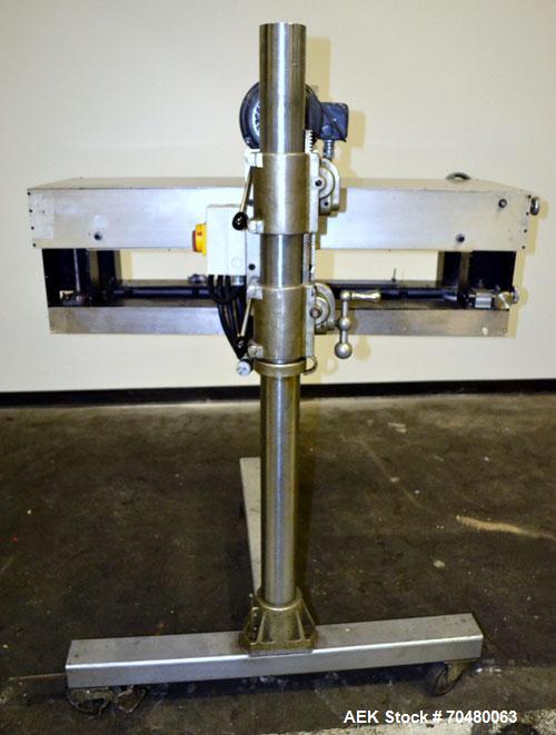 Used Side Belt Portable Transfer Conveyor. (2) Approximate 1” wide x 45” long side belts, manually adjustable to a maximum opening to 5-1/4”. Driven by a 1hp, 3/60/208-230/460 volt, 1750 rpm gear mot...