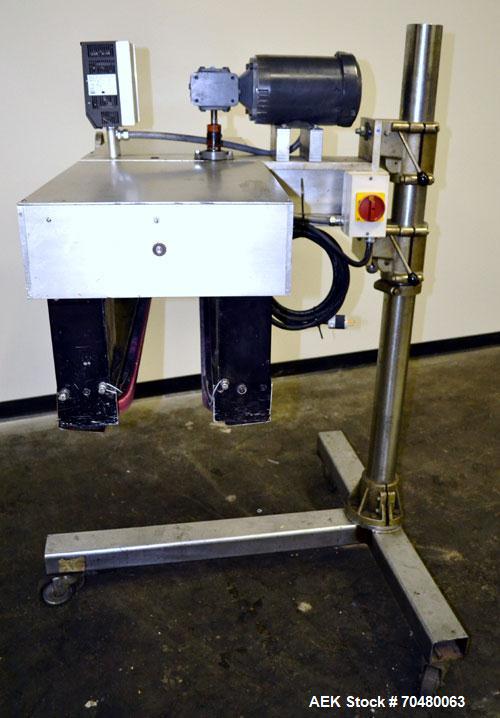 Used Side Belt Portable Transfer Conveyor. (2) Approximate 1” wide x 45” long side belts, manually adjustable to a maximum opening to 5-1/4”. Driven by a 1hp, 3/60/208-230/460 volt, 1750 rpm gear mot...