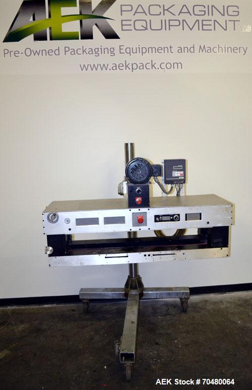 Used Side Belt Portable Transfer Conveyor. (2) Approximately 1” wide x 45” long side belts, manually adjustable from 1/2" to to a maximum opening of 4-1/4”. Driven by a 1 hp, 3/60/208-230/460 volt, 1...