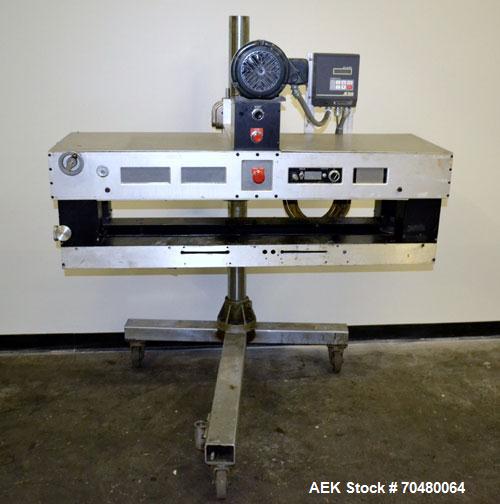Used Side Belt Portable Transfer Conveyor. (2) Approximately 1” wide x 45” long side belts, manually adjustable from 1/2" to to a maximum opening of 4-1/4”. Driven by a 1 hp, 3/60/208-230/460 volt, 1...