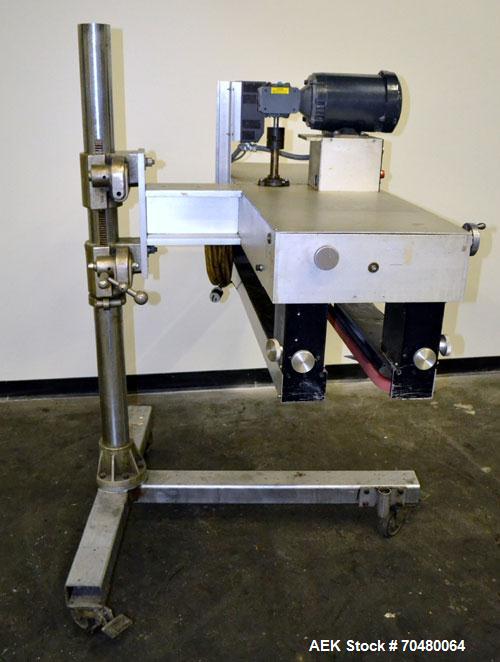 Used Side Belt Portable Transfer Conveyor. (2) Approximately 1” wide x 45” long side belts, manually adjustable from 1/2" to to a maximum opening of 4-1/4”. Driven by a 1 hp, 3/60/208-230/460 volt, 1...