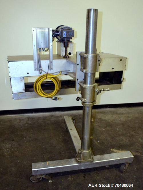 Used Side Belt Portable Transfer Conveyor. (2) Approximately 1” wide x 45” long side belts, manually adjustable from 1/2" to to a maximum opening of 4-1/4”. Driven by a 1 hp, 3/60/208-230/460 volt, 1...