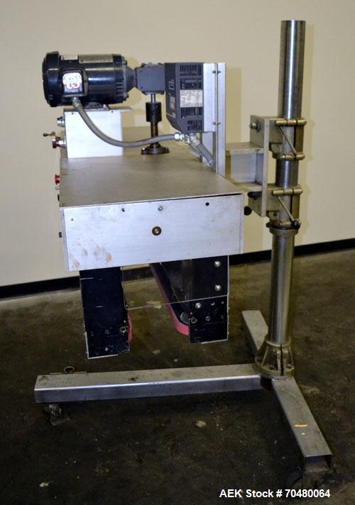 Used Side Belt Portable Transfer Conveyor. (2) Approximately 1” wide x 45” long side belts, manually adjustable from 1/2" to to a maximum opening of 4-1/4”. Driven by a 1 hp, 3/60/208-230/460 volt, 1...