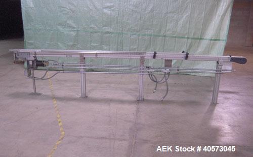 Used Flex Link Conveyor. 3 1/4" wide x 120" long plastic belt. Driven by a 1/3 hp, 90 volt, 1750 rpm DC gearmotor, ratio 20 to 1. Includes a  variable speed controller. Mounted on an aluminum frame w...