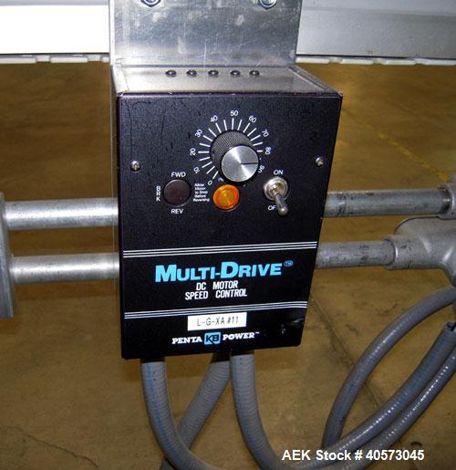 Used Flex Link Conveyor. 3 1/4" wide x 120" long plastic belt. Driven by a 1/3 hp, 90 volt, 1750 rpm DC gearmotor, ratio 20 to 1. Includes a  variable speed controller. Mounted on an aluminum frame w...
