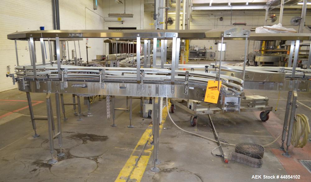 Used Table Top Belt Conveyor. Approximately 4" wide x 1072” long, partial belt.  Stainless steel frame.  Includes (11) turns, no motors.