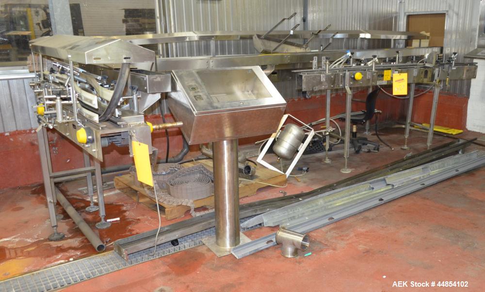 Used Table Top Belt Conveyor. Approximately 4" wide x 1072” long, partial belt.  Stainless steel frame.  Includes (11) turns, no motors.